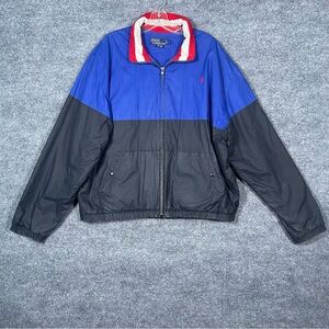 Vintage Polo Mens Large Black Blue Color Block Wool Collar Fleece Lined Jacket